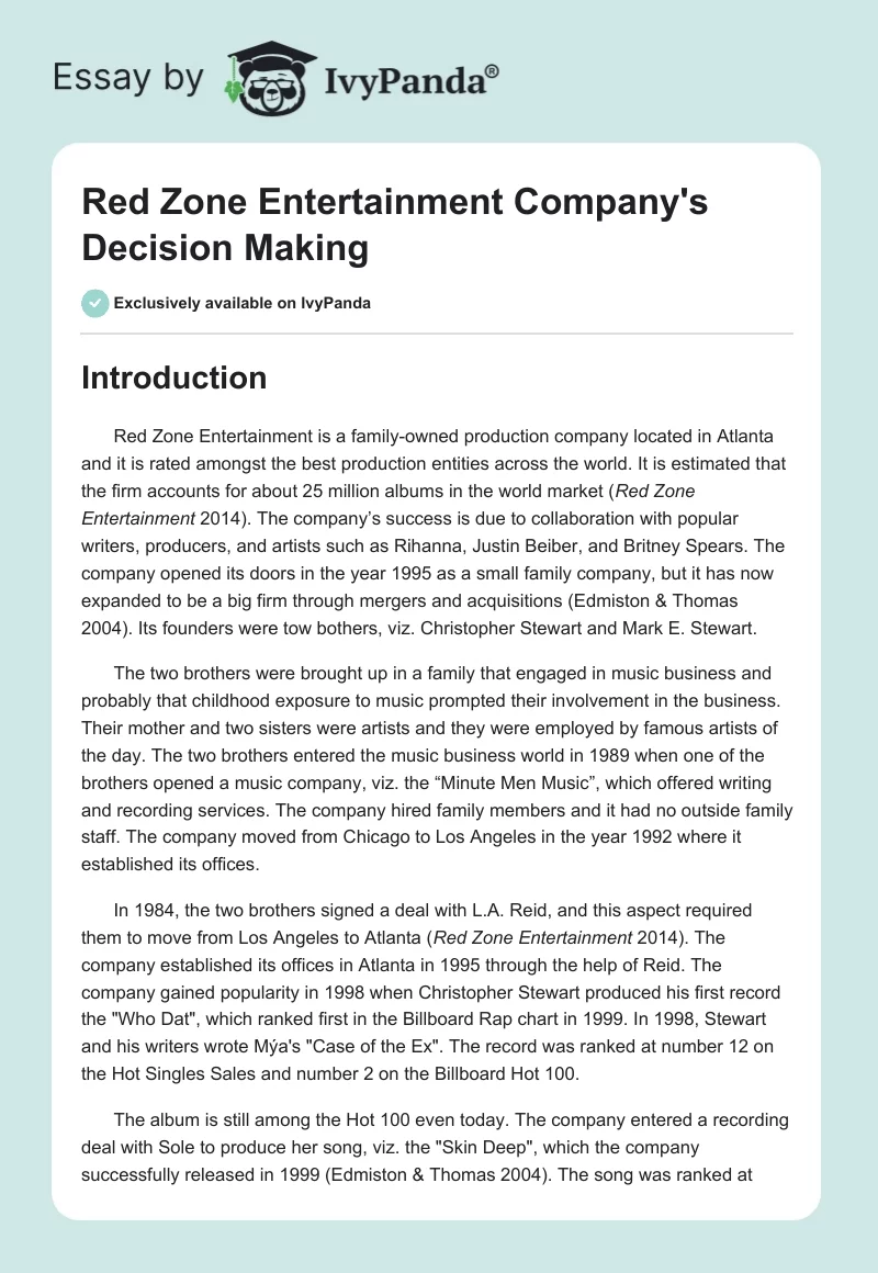 Red Zone Entertainment Company's Decision Making. Page 1