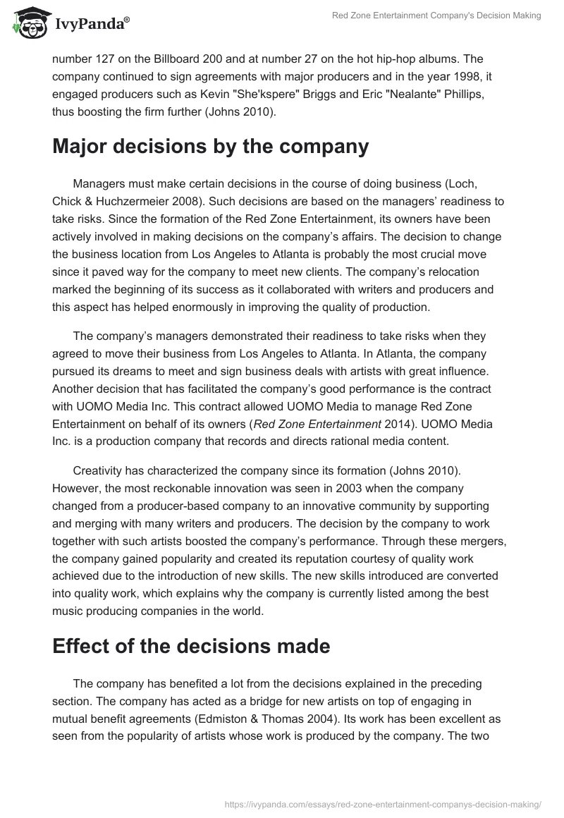 Red Zone Entertainment Company's Decision Making. Page 2