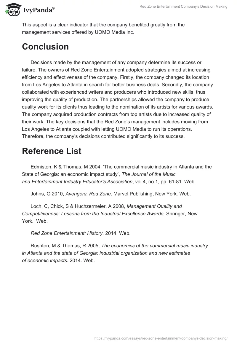 Red Zone Entertainment Company's Decision Making. Page 4