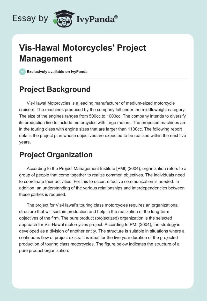 Vis-Hawal Motorcycles' Project Management. Page 1