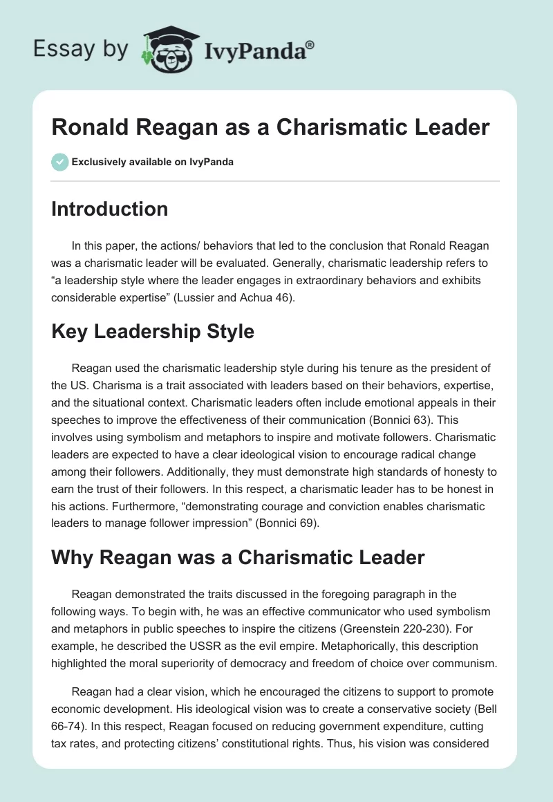 Ronald Reagan as a Charismatic Leader. Page 1