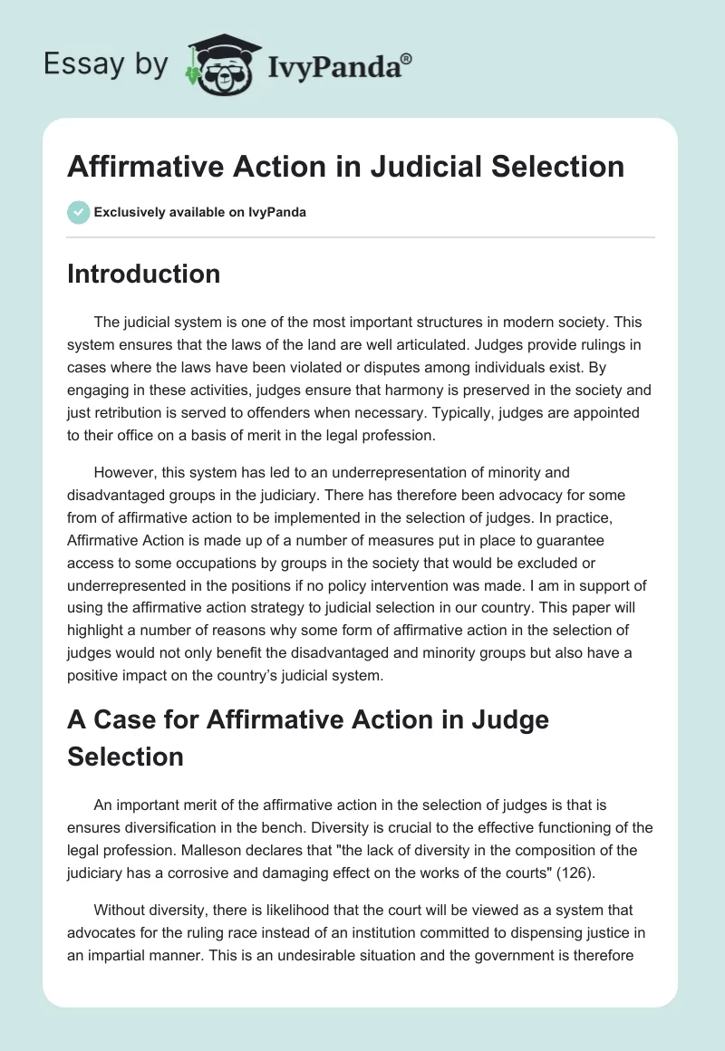 Affirmative Action in Judicial Selection. Page 1