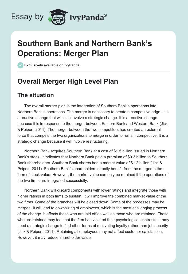 Southern Bank and Northern Bank’s Operations: Merger Plan. Page 1