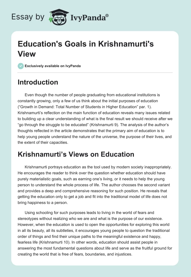 Education's Goals in Krishnamurti's View. Page 1