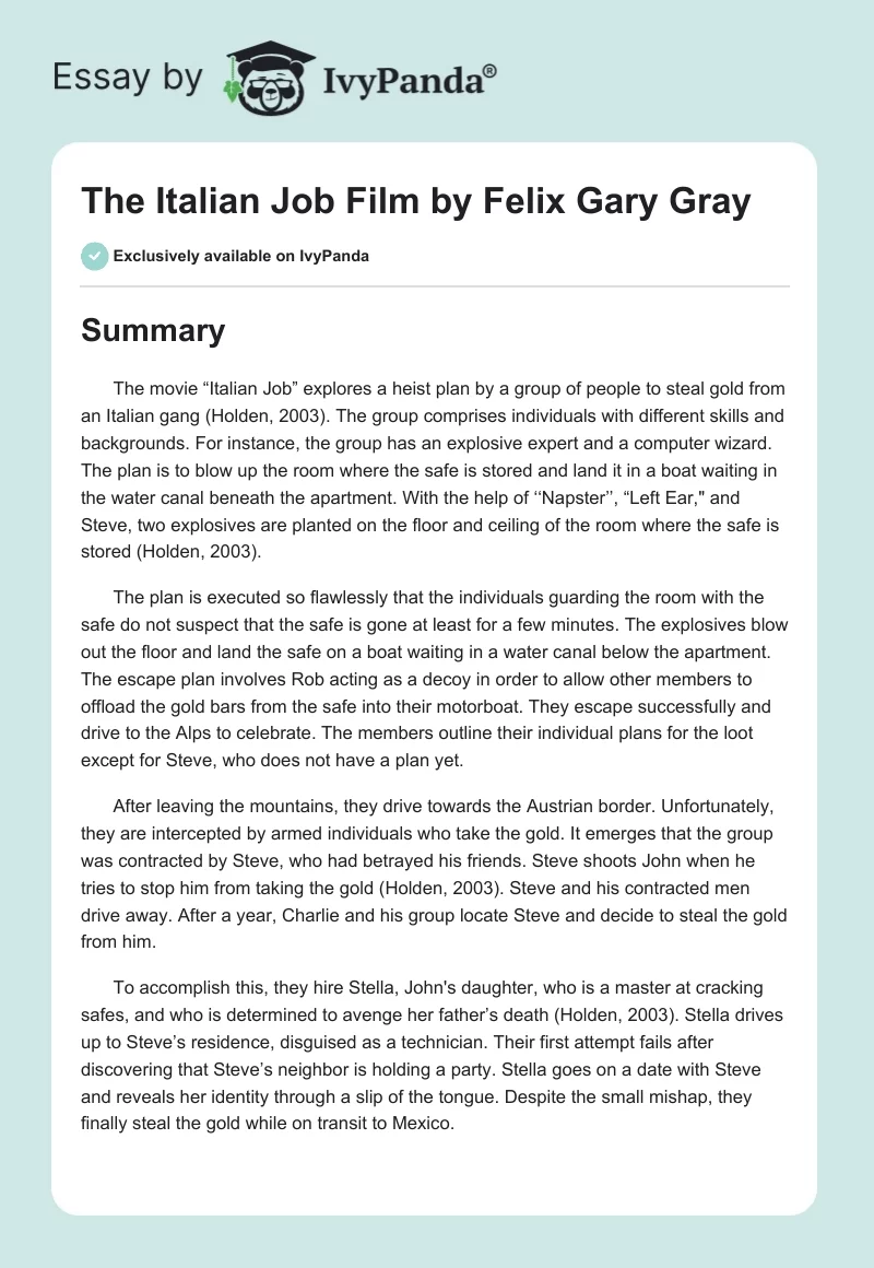"The Italian Job" Film by Felix Gary Gray. Page 1