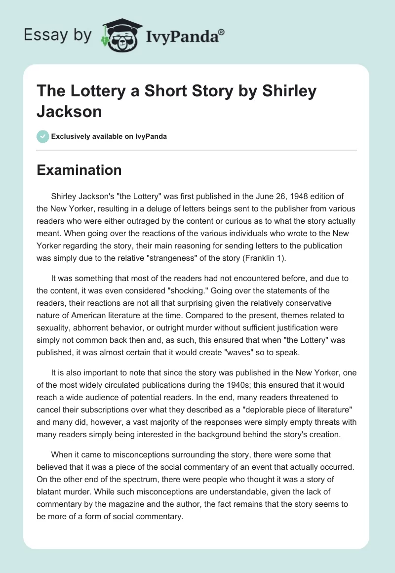 "The Lottery" a Short Story by Shirley Jackson. Page 1