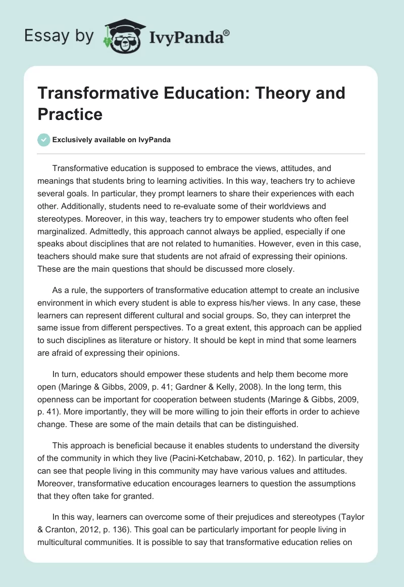 Transformative Education: Theory and Practice. Page 1