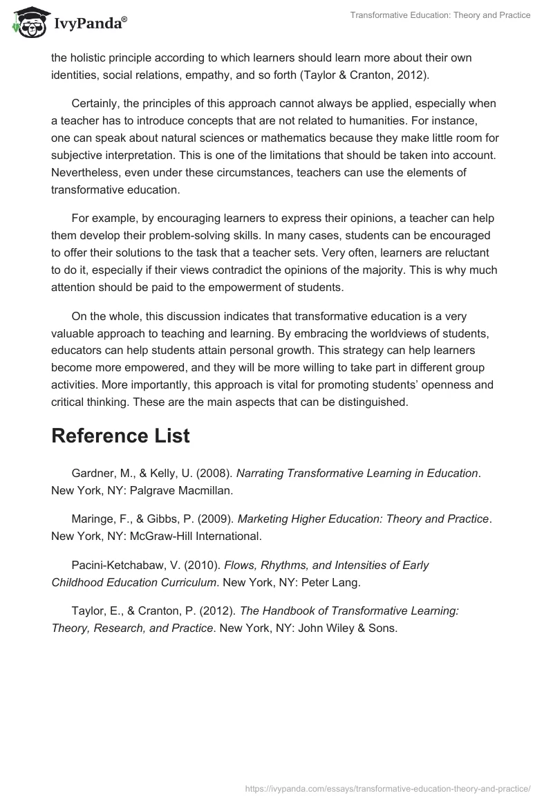 Transformative Education: Theory and Practice. Page 2