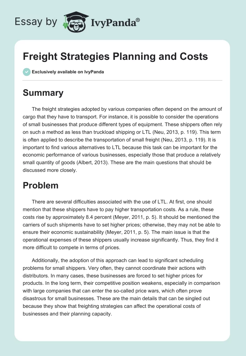 Freight Strategies Planning and Costs. Page 1