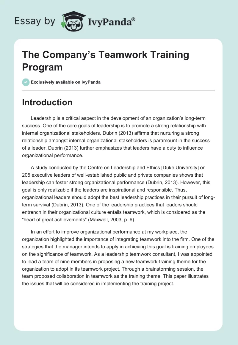 The Company’s Teamwork Training Program. Page 1