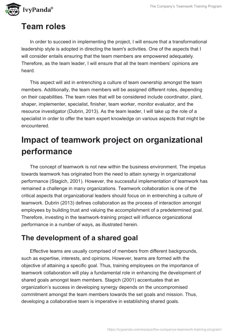 The Company’s Teamwork Training Program. Page 2