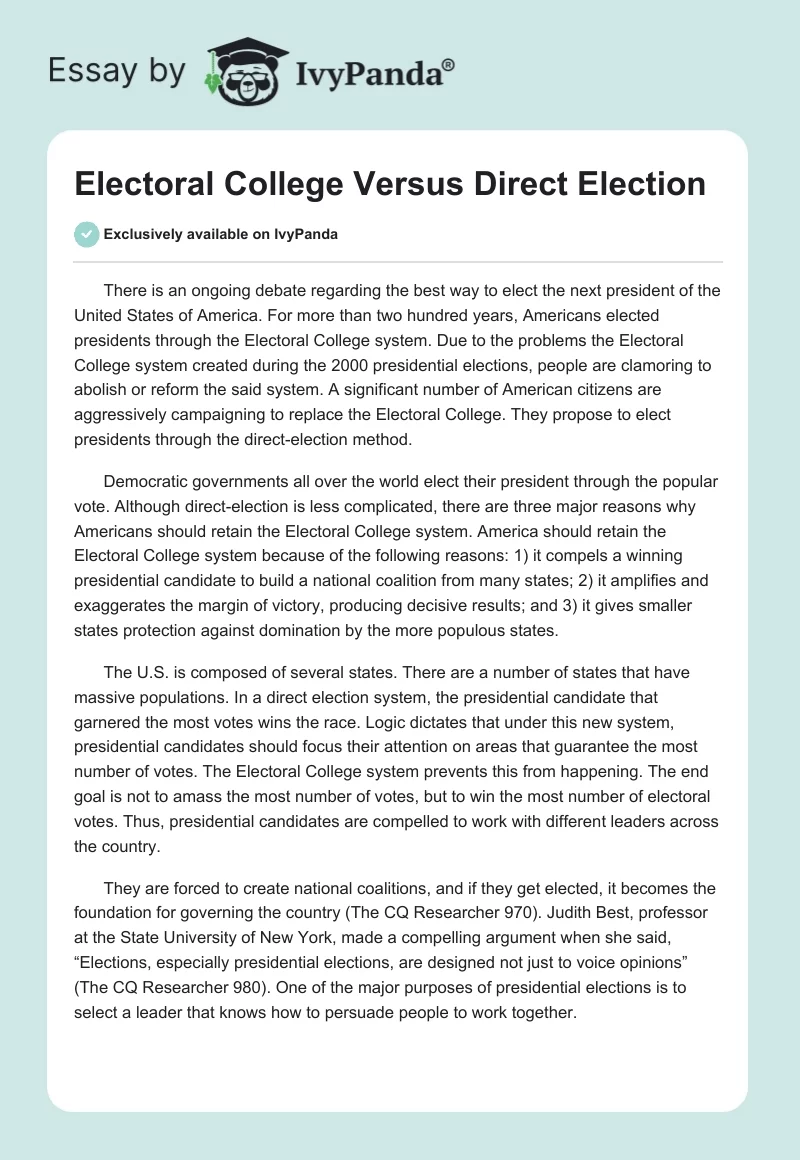 Electoral College Versus Direct Election. Page 1