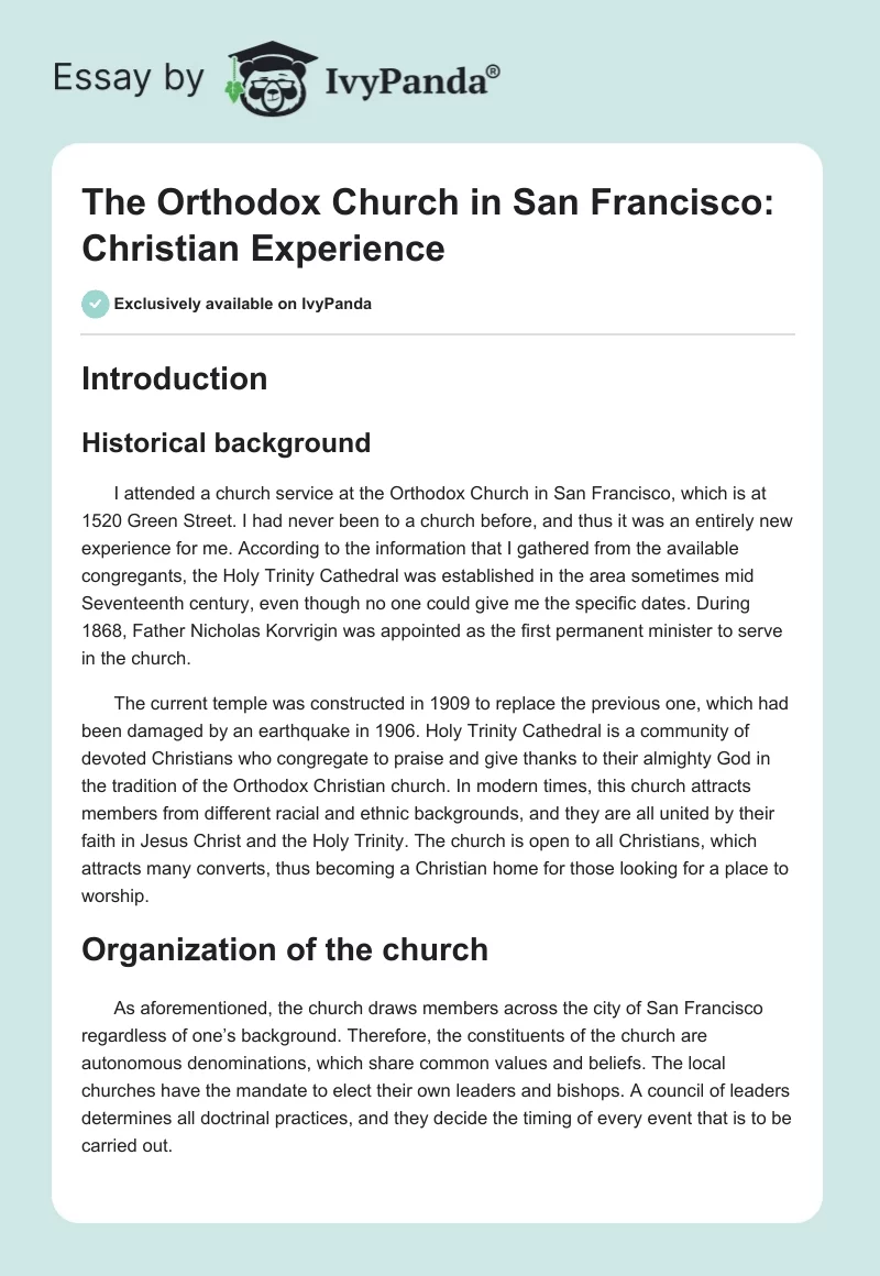 The Orthodox Church in San Francisco: Christian Experience. Page 1