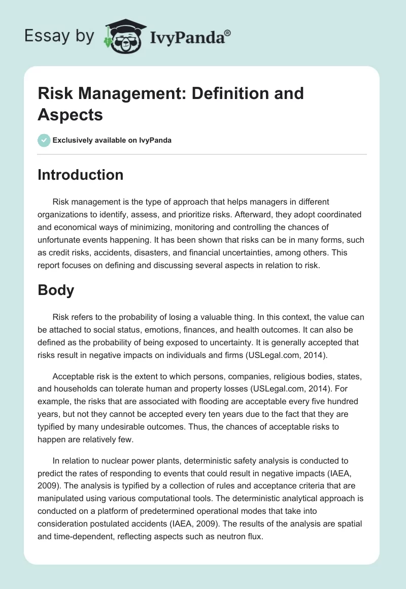 Risk Management: Definition and Aspects. Page 1