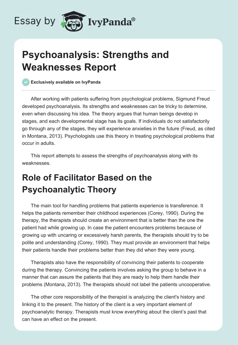 Psychoanalysis: Strengths and Weaknesses Report. Page 1