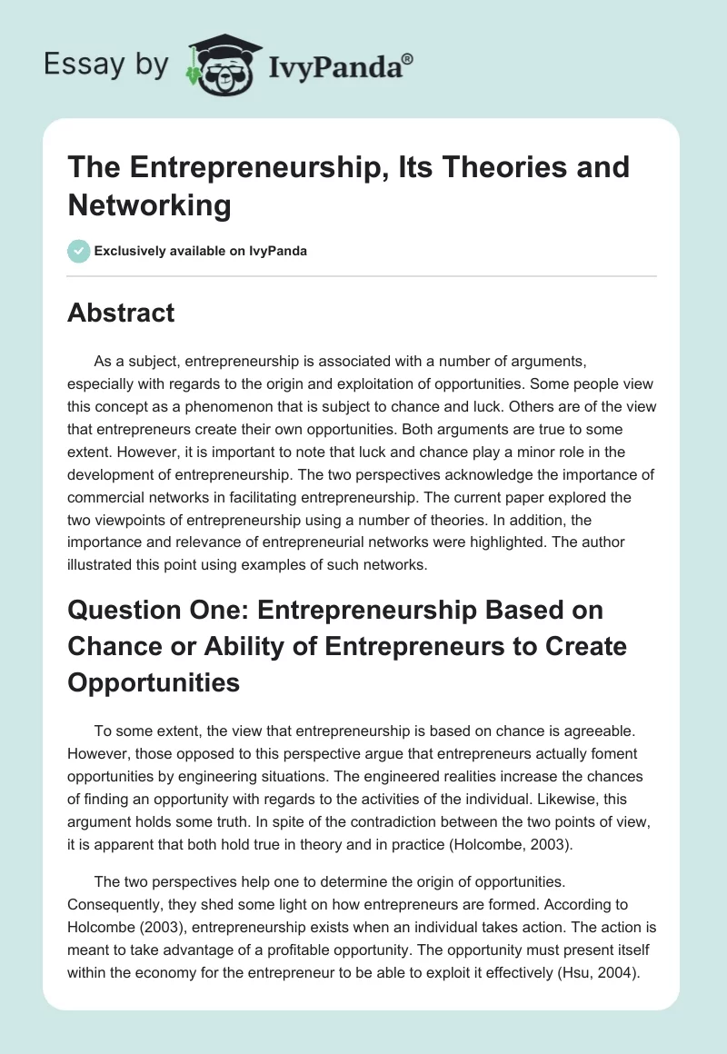 The Entrepreneurship, Its Theories and Networking. Page 1