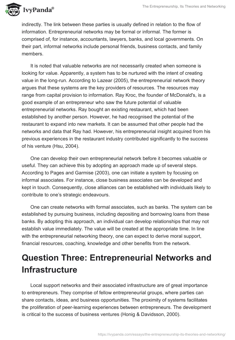 The Entrepreneurship, Its Theories and Networking. Page 4