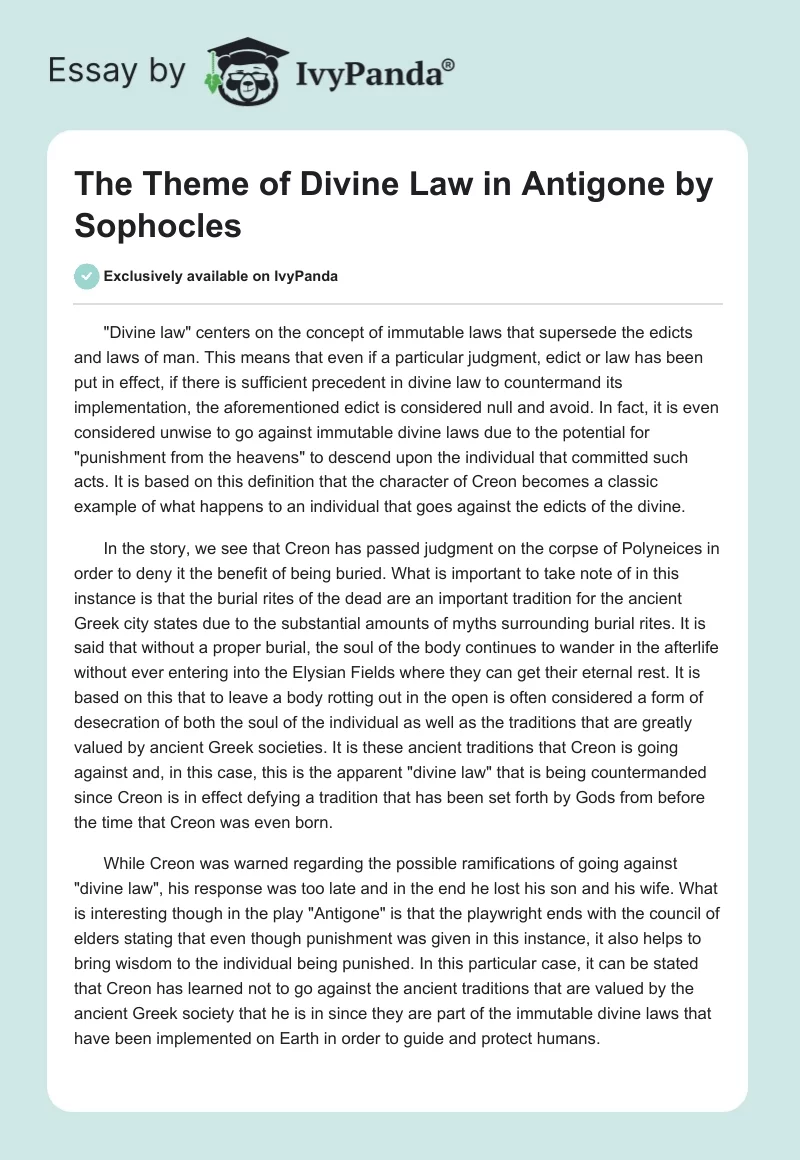 The Theme of Divine Law in "Antigone" by Sophocles. Page 1