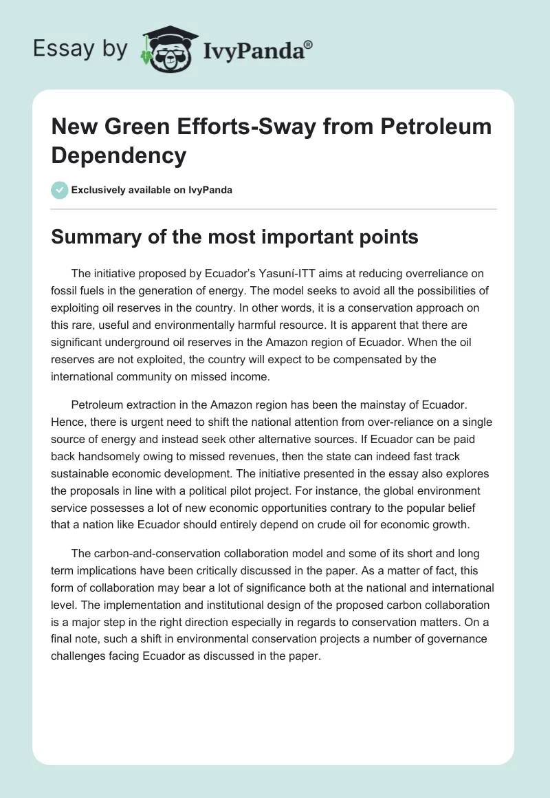 New Green Efforts-Sway From Petroleum Dependency. Page 1