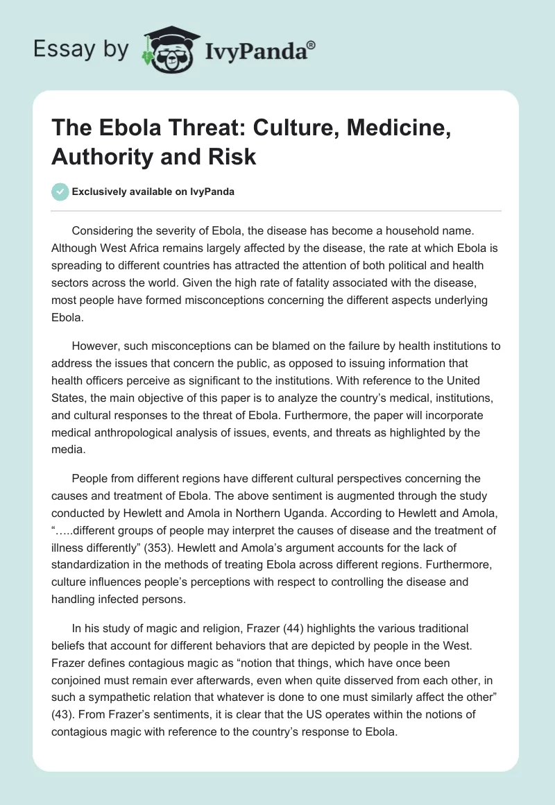 The Ebola Threat: Culture, Medicine, Authority and Risk. Page 1