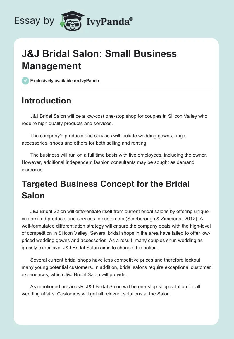 J&J Bridal Salon: Small Business Management. Page 1