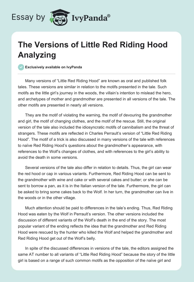 The Versions of "Little Red Riding Hood" Analyzing. Page 1