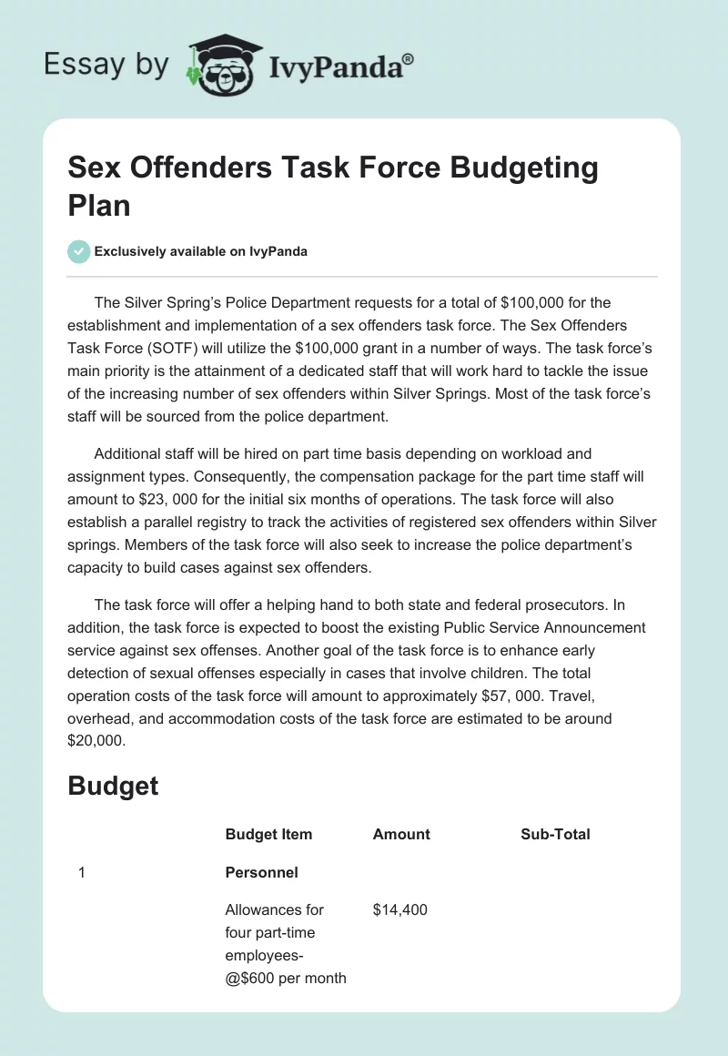 Sex Offenders Task Force Budgeting Plan. Page 1