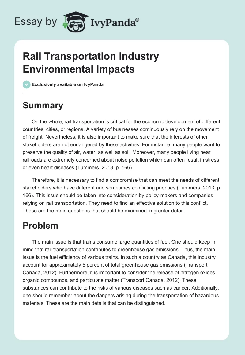 Rail Transportation Industry Environmental Impacts. Page 1