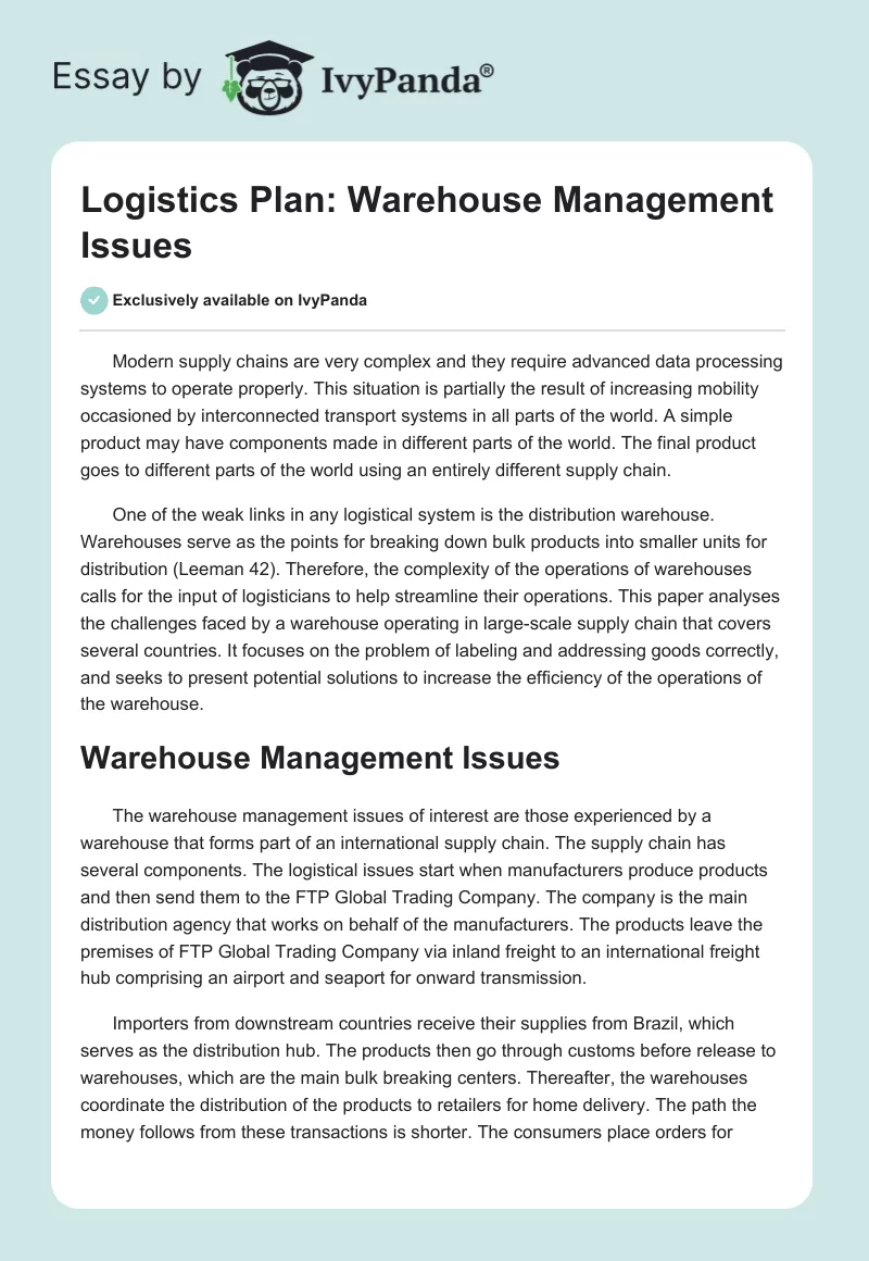 Logistics Plan: Warehouse Management Issues. Page 1