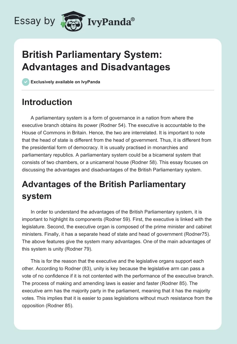 British Parliamentary System Advantages and Disadvantages. Page 1