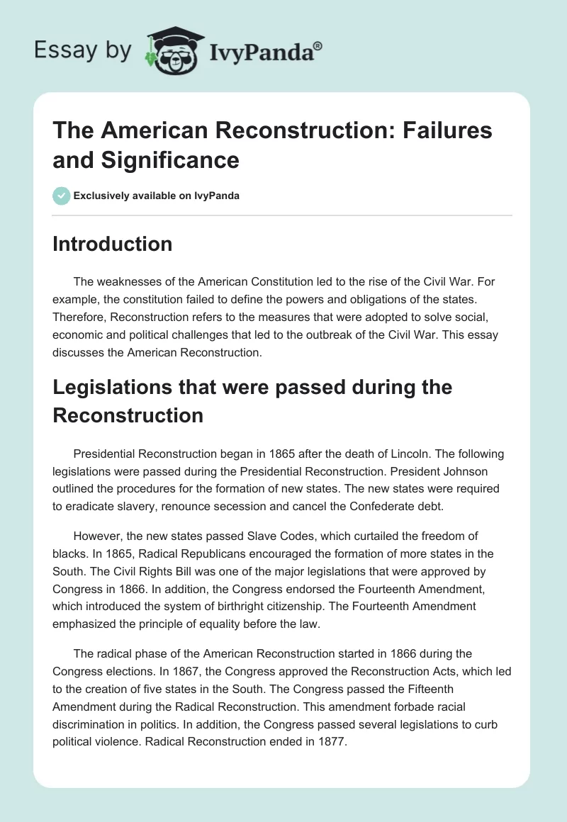 The American Reconstruction: Failures and Significance. Page 1