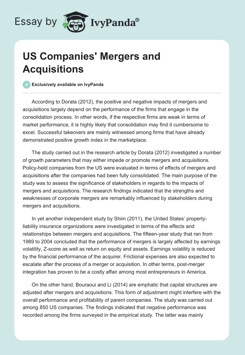 US Companies' Mergers and Acquisitions. Page 1