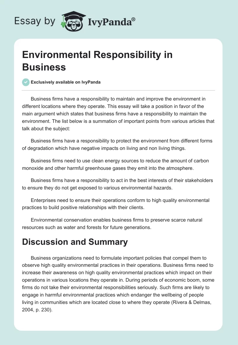 Environmental Responsibility in Business. Page 1