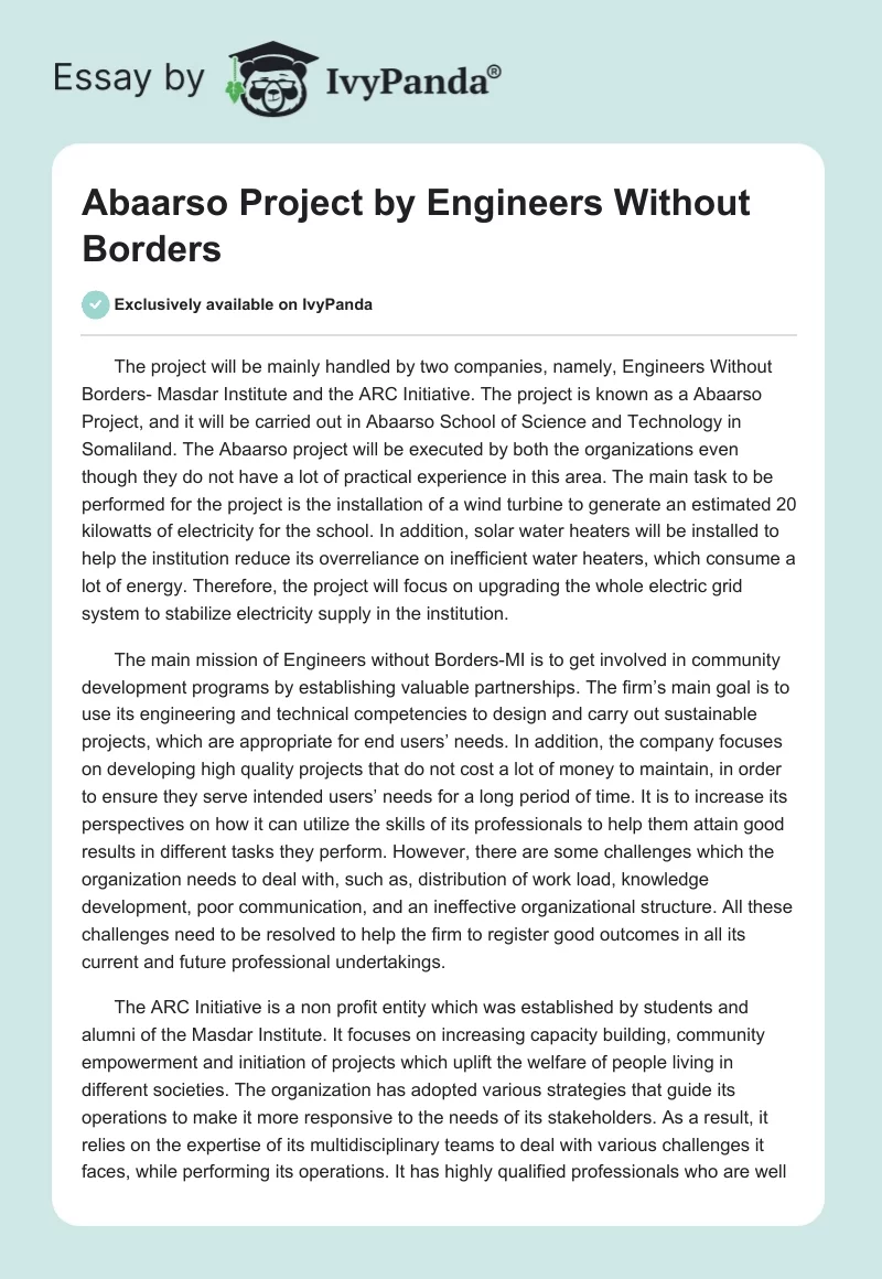 Abaarso Project by Engineers Without Borders. Page 1