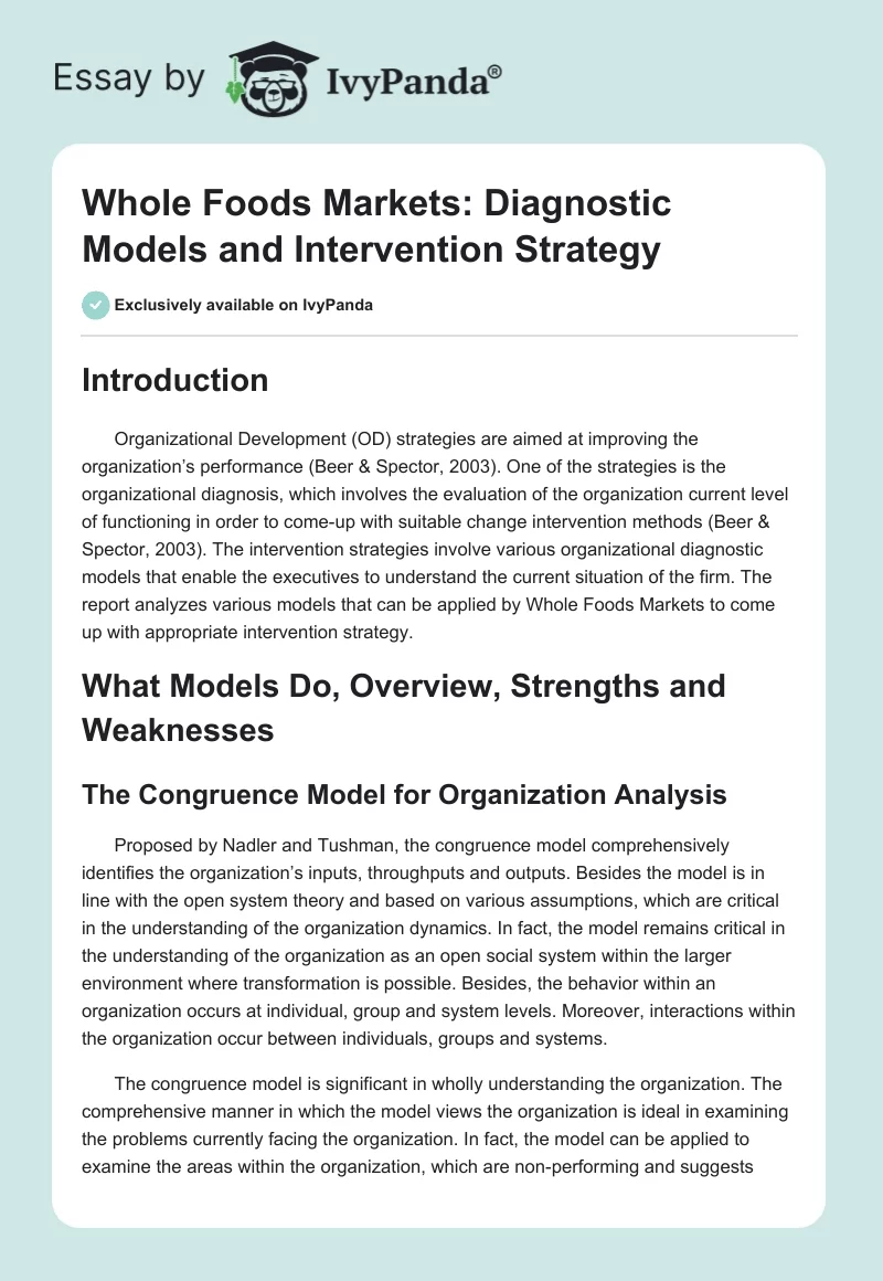 Whole Foods Markets: Diagnostic Models and Intervention Strategy. Page 1