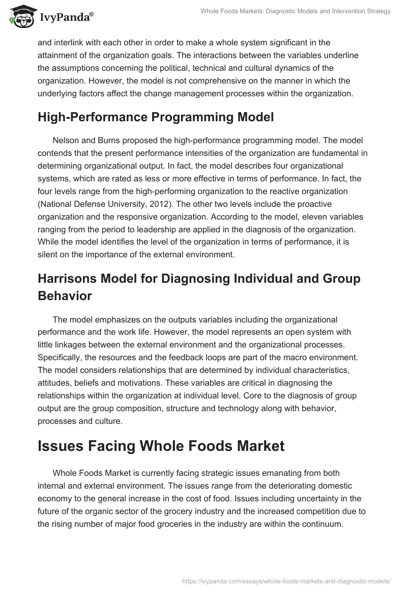 Whole Foods Markets: Diagnostic Models and Intervention Strategy. Page 4