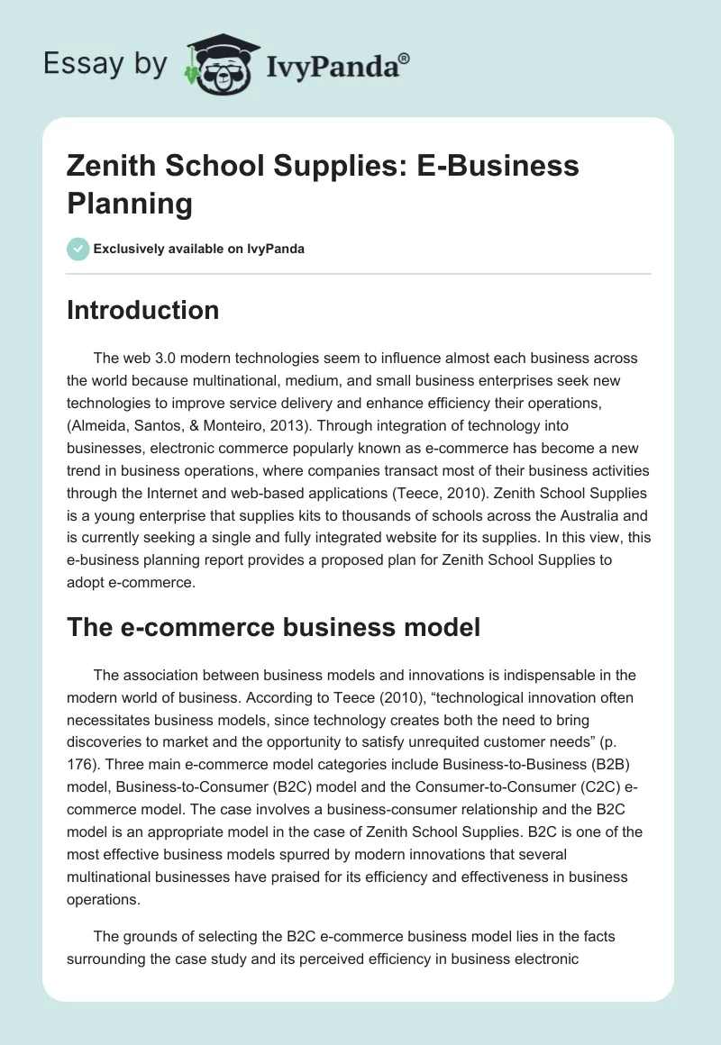 Zenith School Supplies: E-Business Planning. Page 1