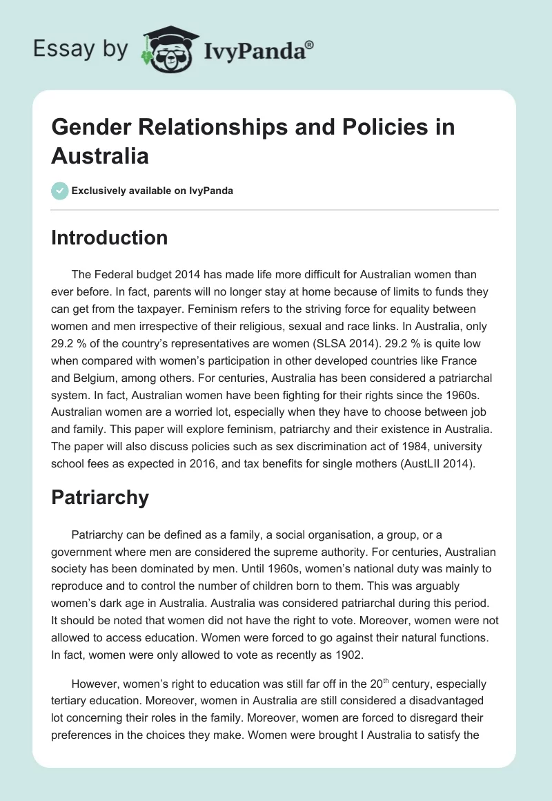 Gender Relationships and Policies in Australia. Page 1