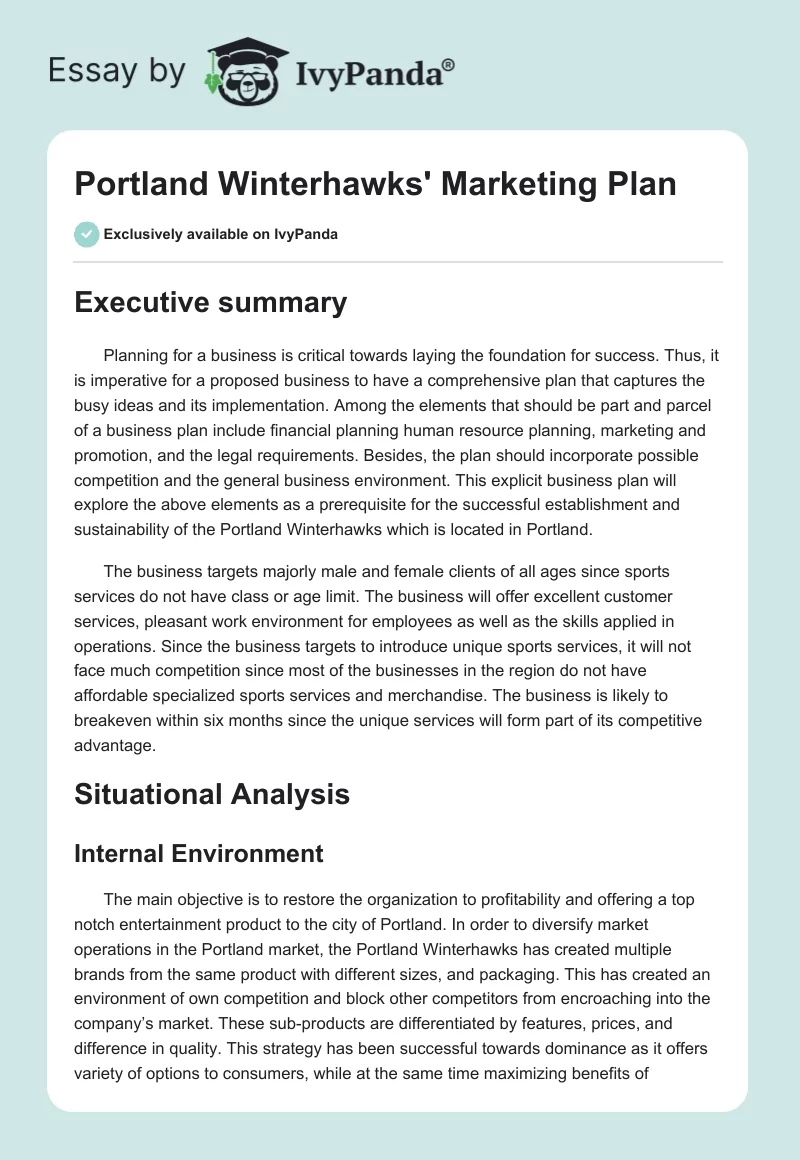 Portland Winterhawks' Marketing Plan. Page 1