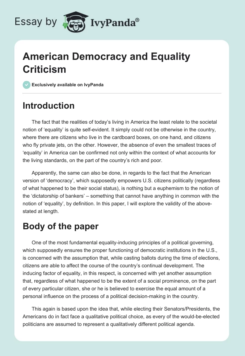 American Democracy and Equality Criticism. Page 1