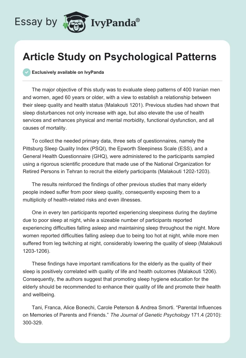 Article Study on Psychological Patterns. Page 1