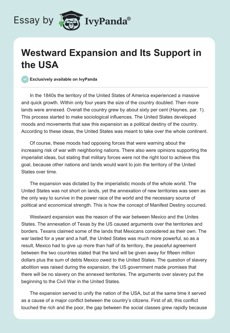 Westward Expansion and Its Support in the USA. Page 1