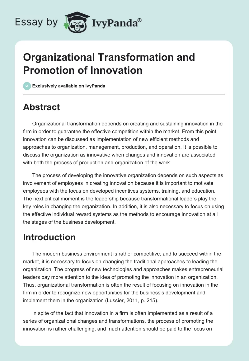 Organizational Transformation and Promotion of Innovation. Page 1