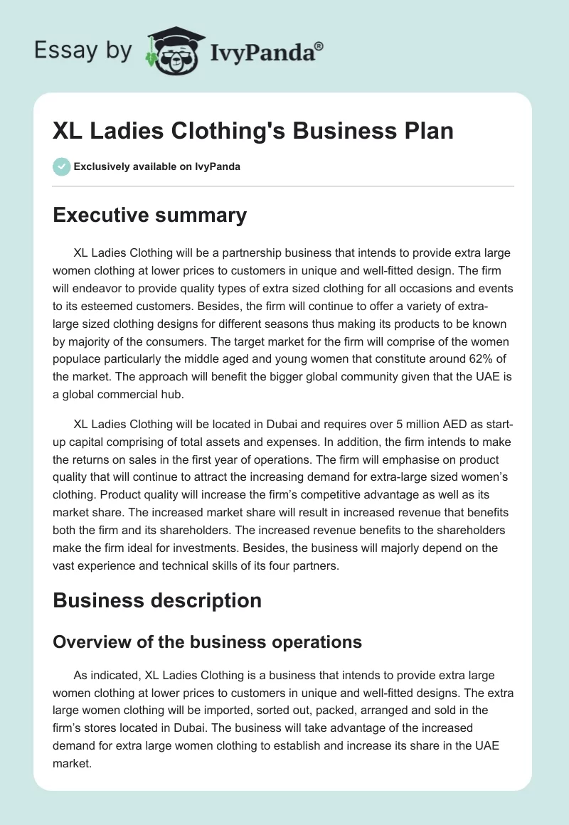 XL Ladies Clothing's Business Plan. Page 1