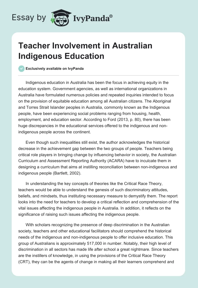 Teacher Involvement in Australian Indigenous Education. Page 1