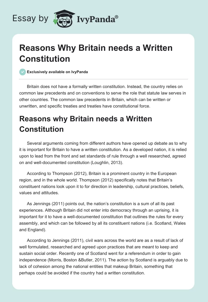 Reasons Why Britain needs a Written Constitution. Page 1