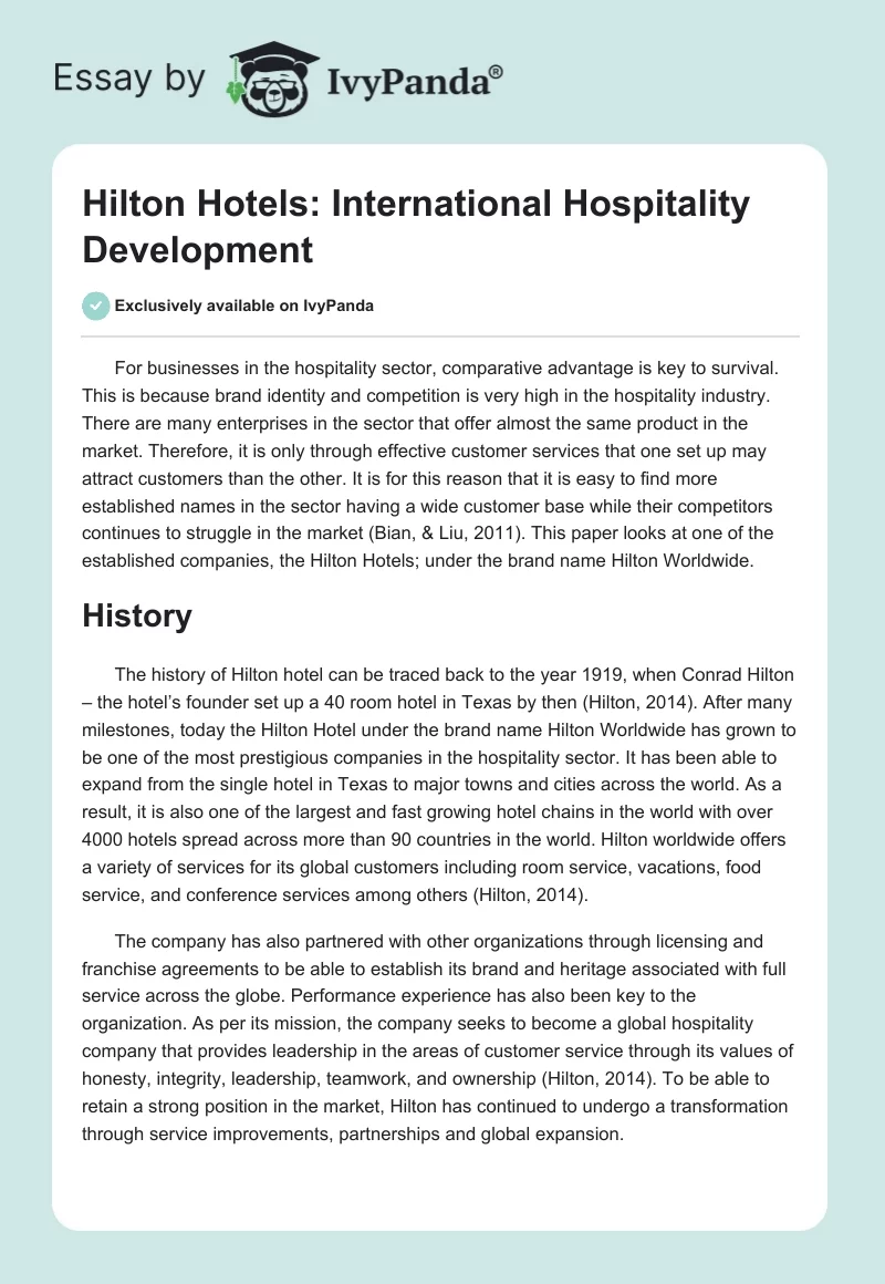 Hilton Hotels: International Hospitality Development. Page 1