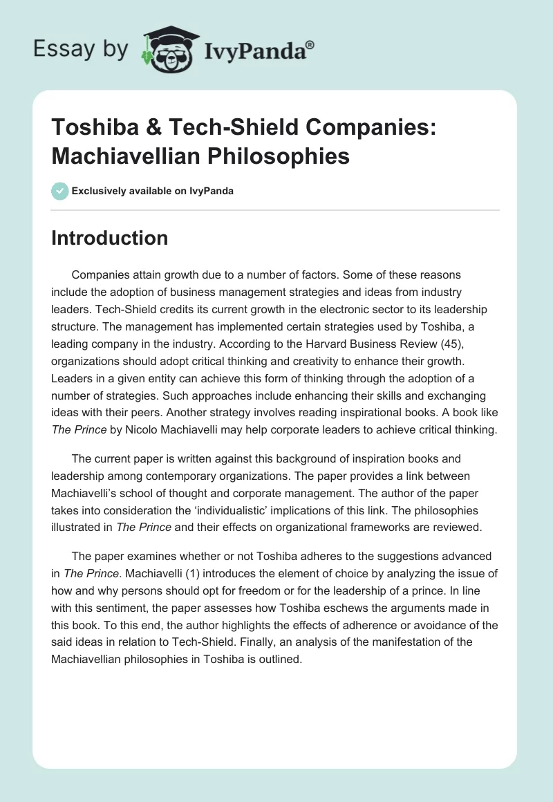Toshiba & Tech-Shield Companies: Machiavellian Philosophies. Page 1