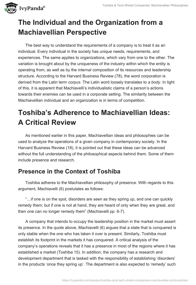 Toshiba & Tech-Shield Companies: Machiavellian Philosophies. Page 2