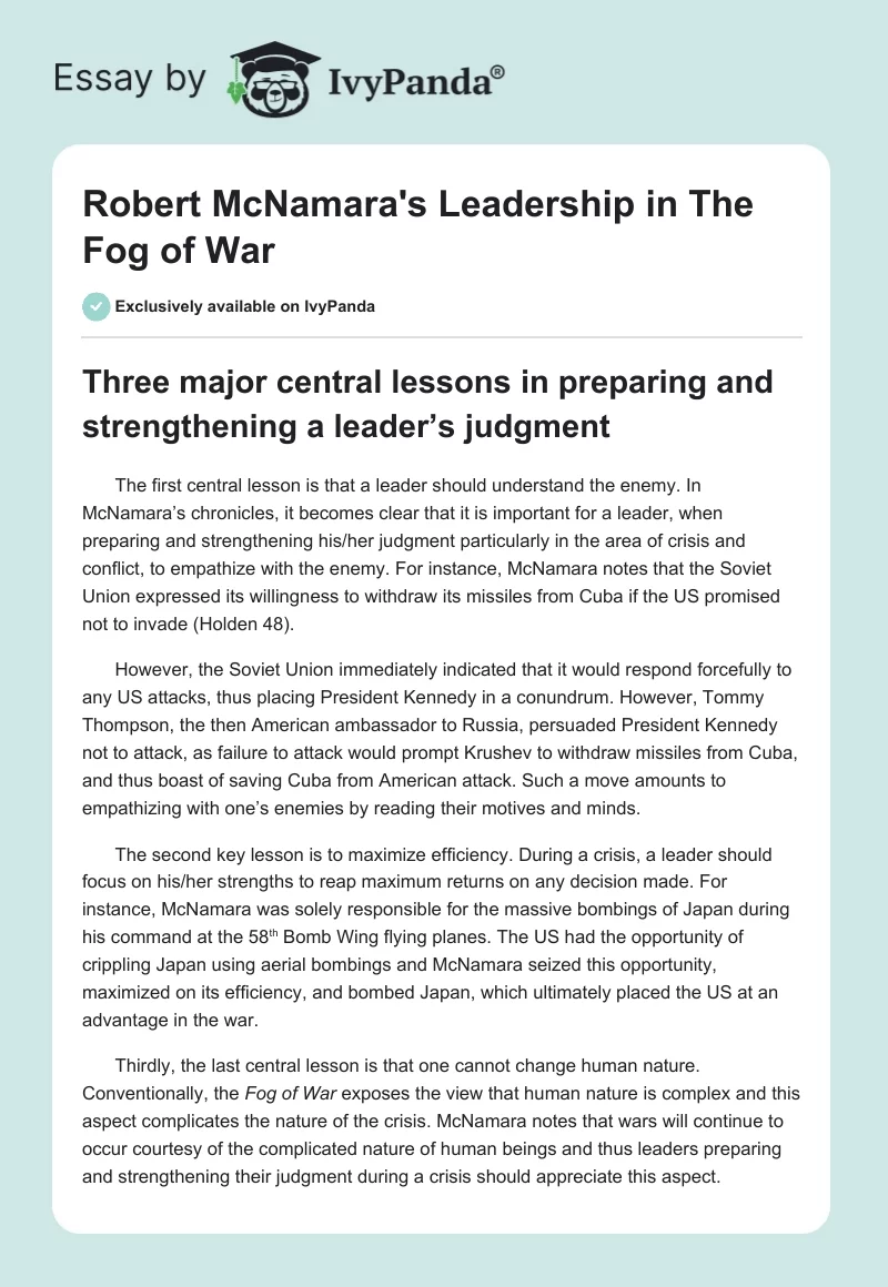 Robert McNamara's Leadership in The Fog of War. Page 1